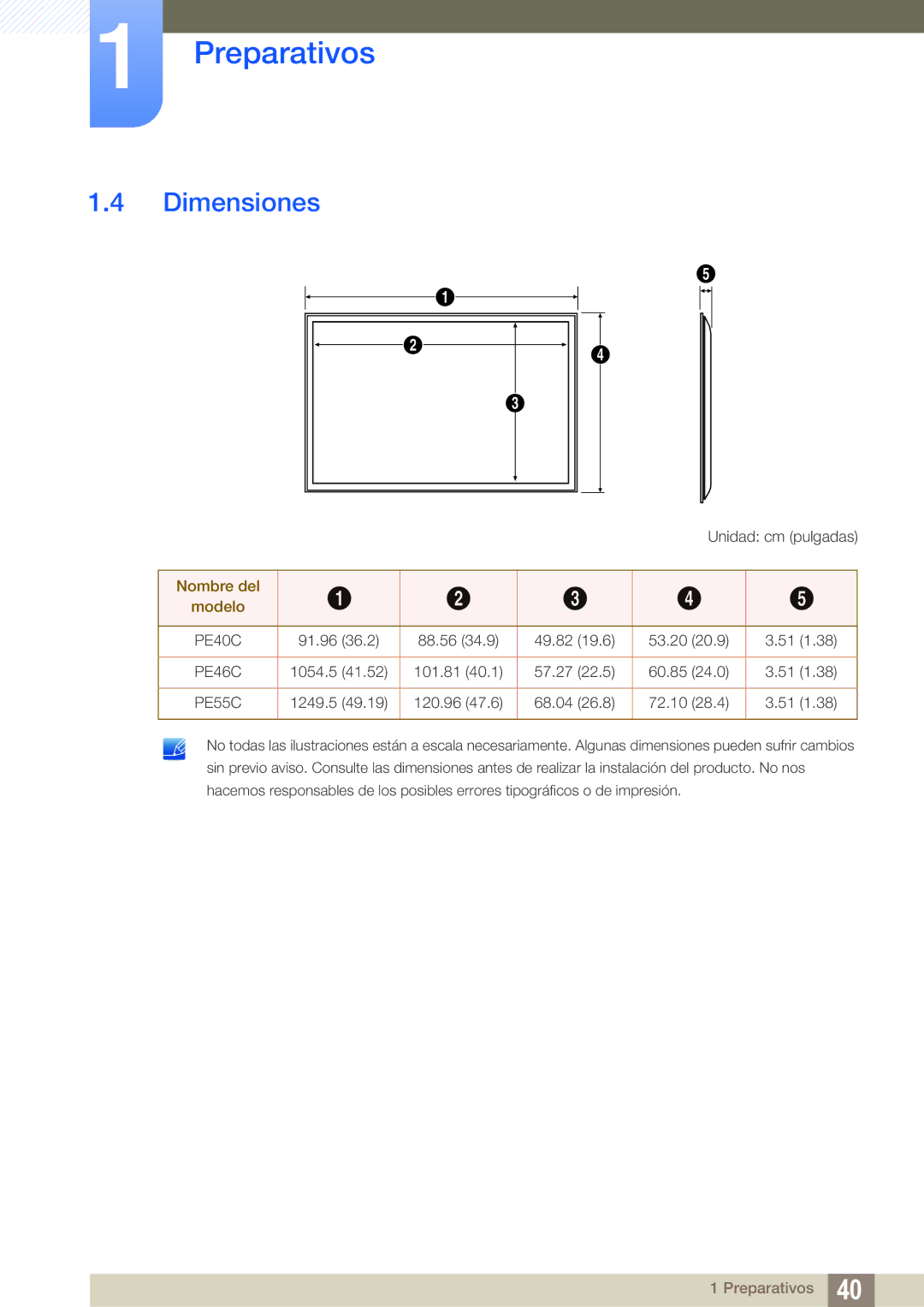 Samsung LH40PECPLBC/EN, LH55PECPLBC/EN, LH46PECPLBC/EN, LH46DECPLBC/EN, LH40DECPLBC/EN manual Dimensiones, Nombre del Modelo 