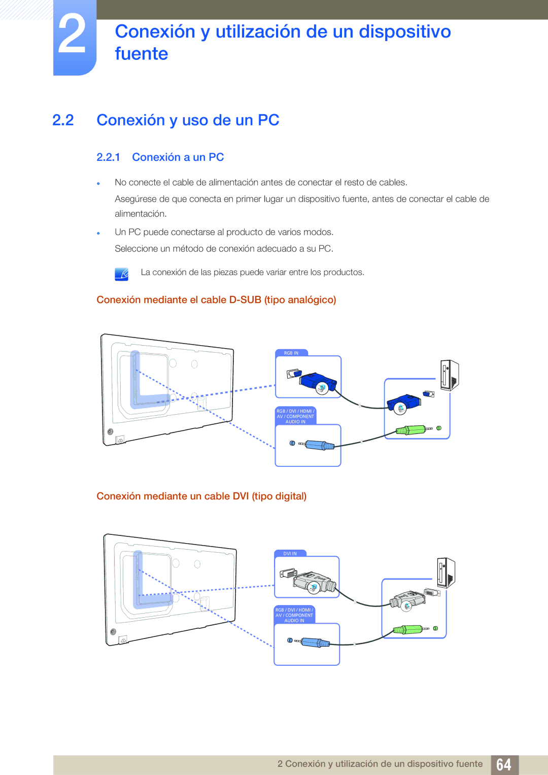 Samsung LH40DECPLBC/EN manual Conexión y uso de un PC, Conexión a un PC, Conexión mediante el cable D-SUB tipo analógico 