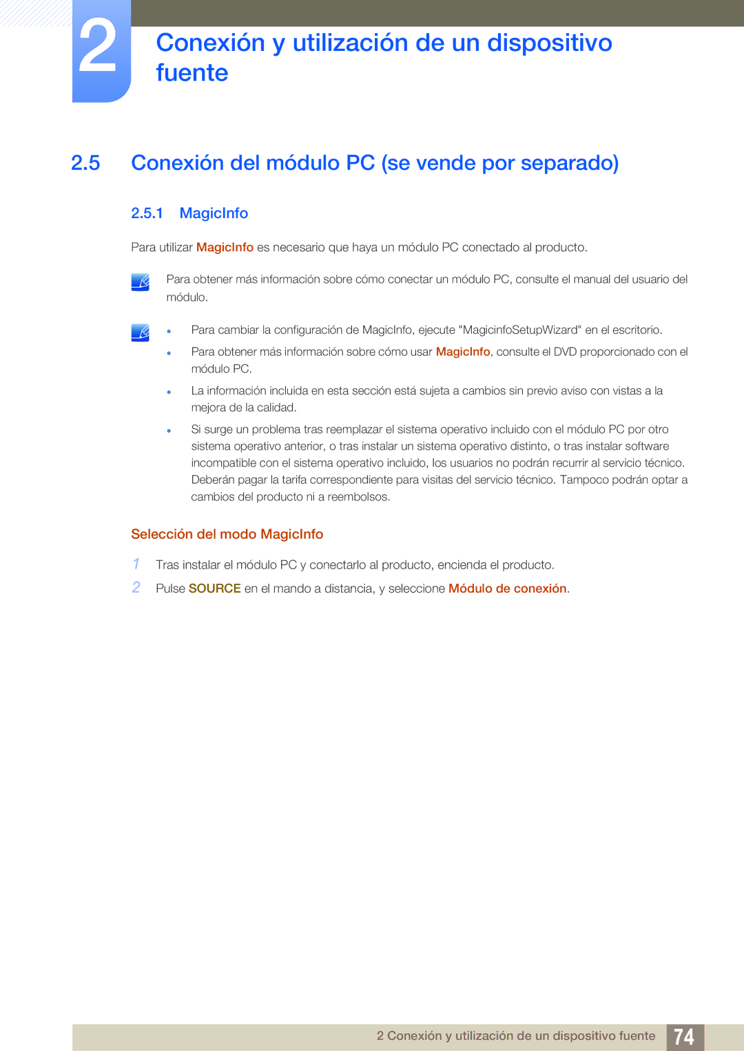 Samsung LH40DECPLBC/EN, LH40PECPLBC/EN manual Conexión del módulo PC se vende por separado, Selección del modo MagicInfo 