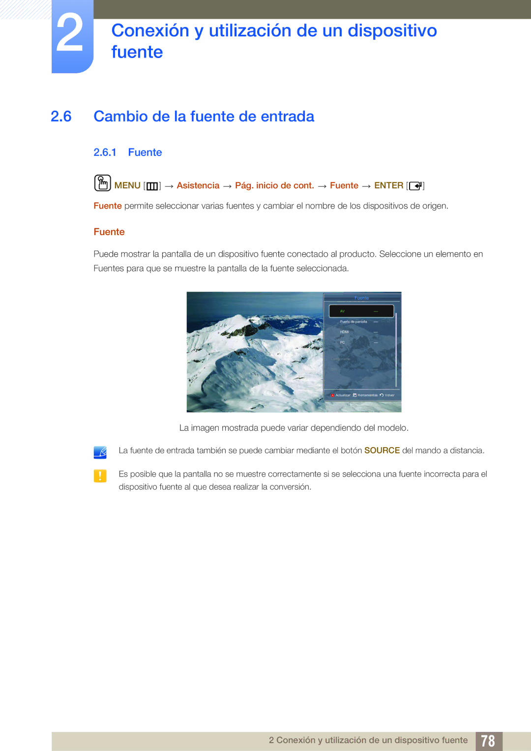 Samsung LH46DECPLBC/EN manual Cambio de la fuente de entrada, Menu m Asistencia Pág. inicio de cont. Fuente Enter 