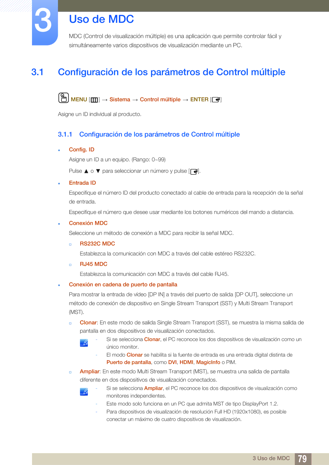 Samsung LH40DECPLBC/EN, LH40PECPLBC/EN, LH55PECPLBC/EN, LH46PECPLBC/EN Configuración de los parámetros de Control múltiple 