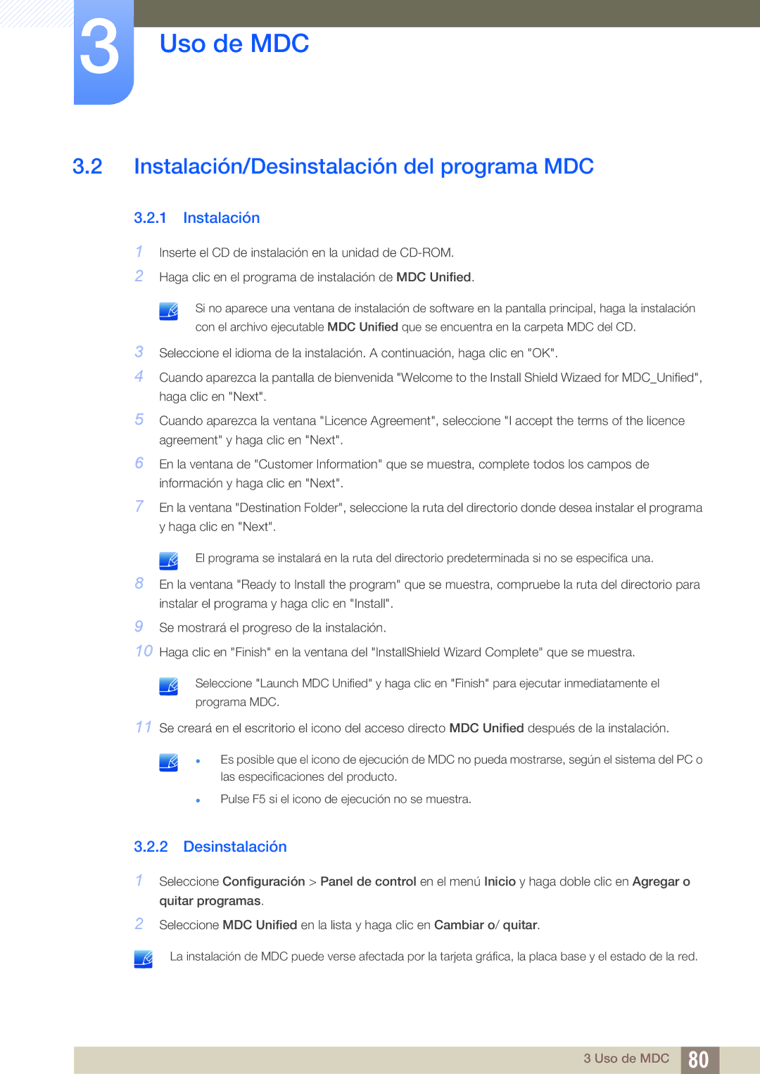 Samsung LH40PECPLBC/EN, LH55PECPLBC/EN, LH46PECPLBC/EN, LH46DECPLBC/EN manual Instalación/Desinstalación del programa MDC 