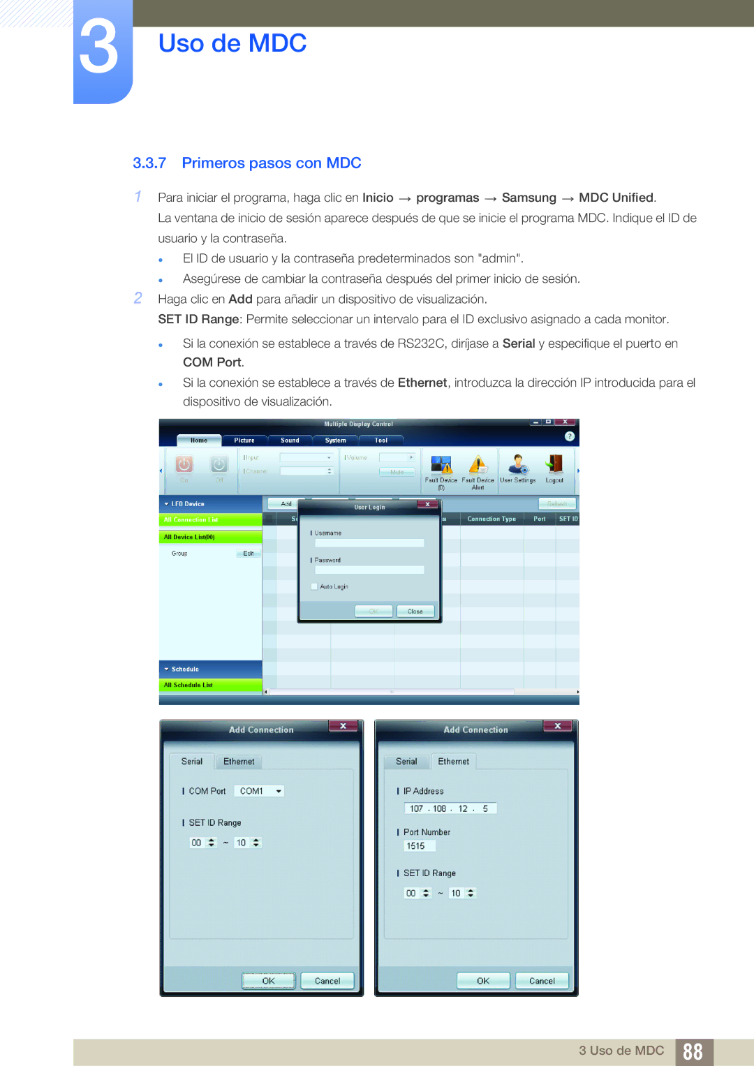 Samsung LH46DECPLBC/EN, LH40PECPLBC/EN, LH55PECPLBC/EN, LH46PECPLBC/EN, LH40DECPLBC/EN manual Primeros pasos con MDC 