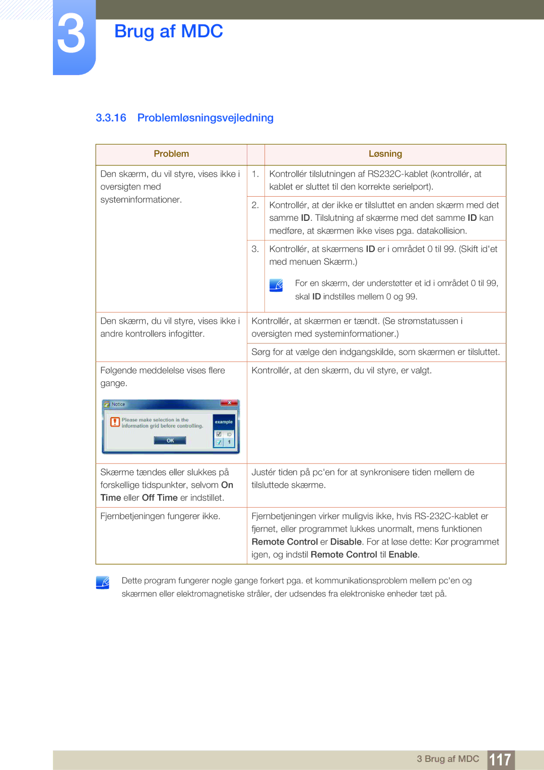 Samsung LH46PECPLBC/EN, LH40PECPLBC/EN, LH55PECPLBC/EN, LH46DECPLBC/EN manual Problemløsningsvejledning, Problem Løsning 