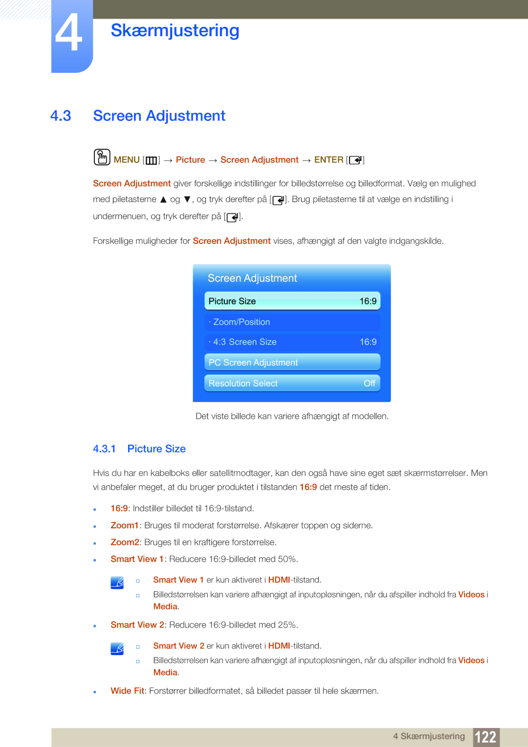 Samsung LH46PECPLBC/EN, LH40PECPLBC/EN, LH55PECPLBC/EN manual Picture Size, Menu m Picture Screen Adjustment Enter 