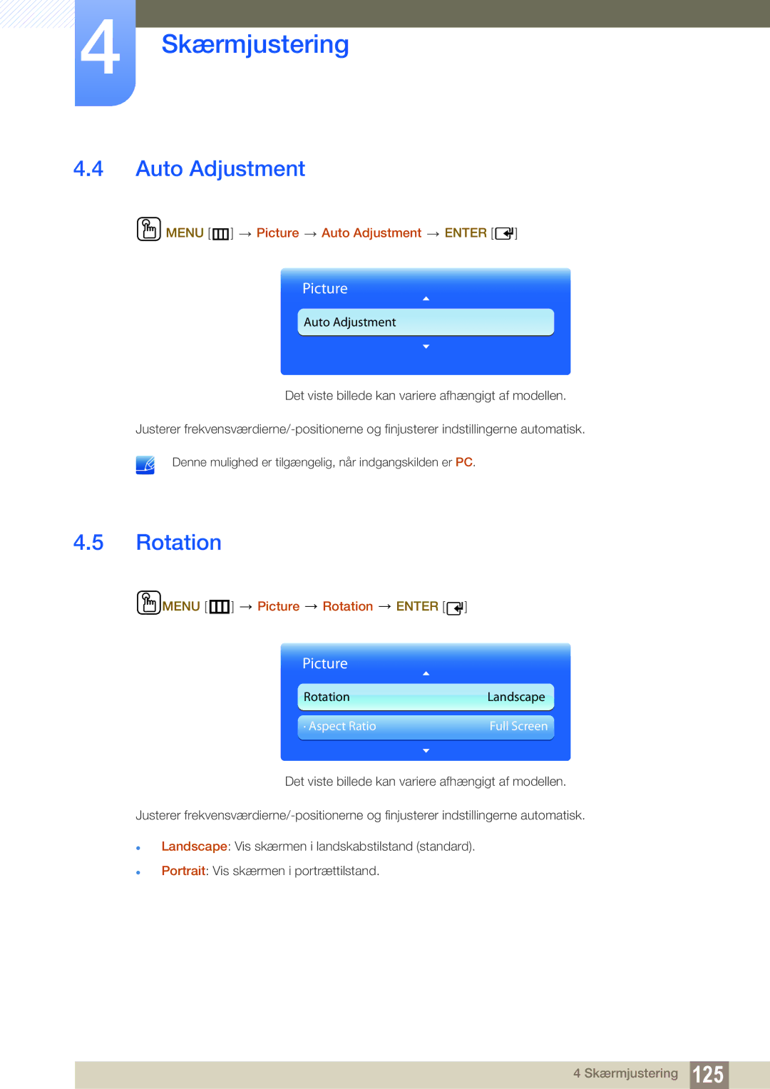 Samsung LH40PECPLBC/EN, LH55PECPLBC/EN manual Menu m Picture Auto Adjustment Enter, Menu m Picture Rotation Enter 