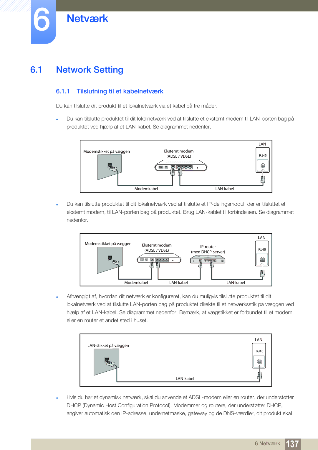 Samsung LH46PECPLBC/EN, LH40PECPLBC/EN, LH55PECPLBC/EN, LH46DECPLBC/EN manual Network Setting, Tilslutning til et kabelnetværk 