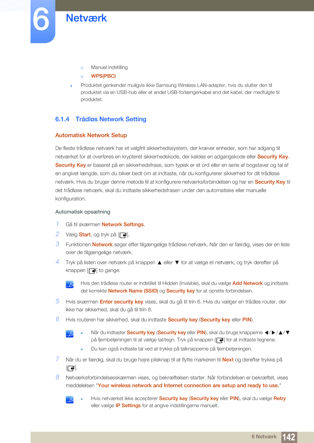 Samsung LH46PECPLBC/EN, LH40PECPLBC/EN, LH55PECPLBC/EN, LH46DECPLBC/EN 4 Trådløs Network Setting, Automatisk Network Setup 