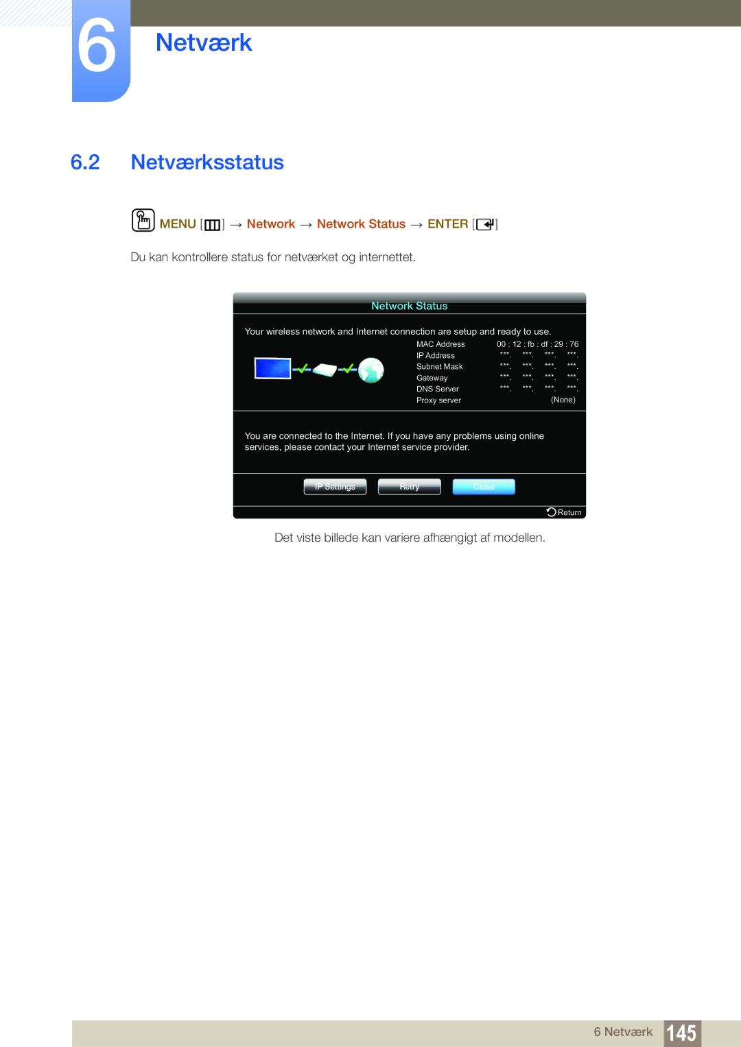 Samsung LH40PECPLBC/EN, LH55PECPLBC/EN, LH46PECPLBC/EN, LH46DECPLBC/EN Netværksstatus, Menu m Network Network Status Enter 