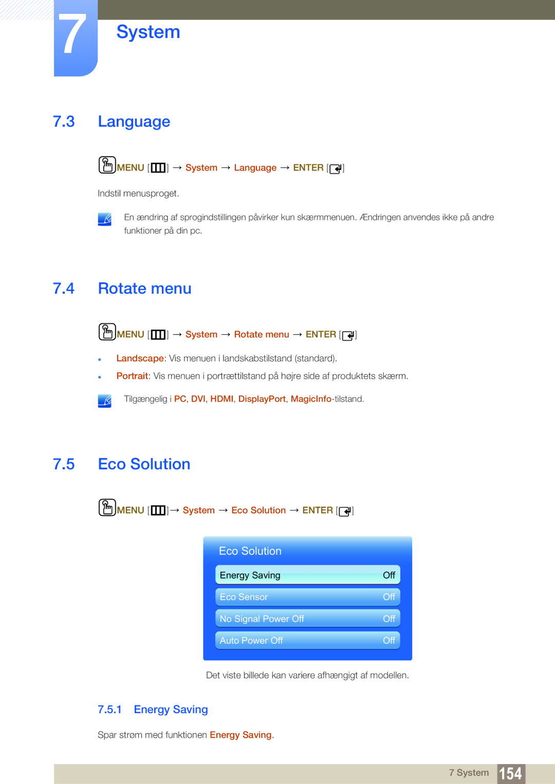 Samsung LH40DECPLBC/EN, LH40PECPLBC/EN, LH55PECPLBC/EN, LH46PECPLBC/EN Language, Rotate menu, Eco Solution, Energy Saving 