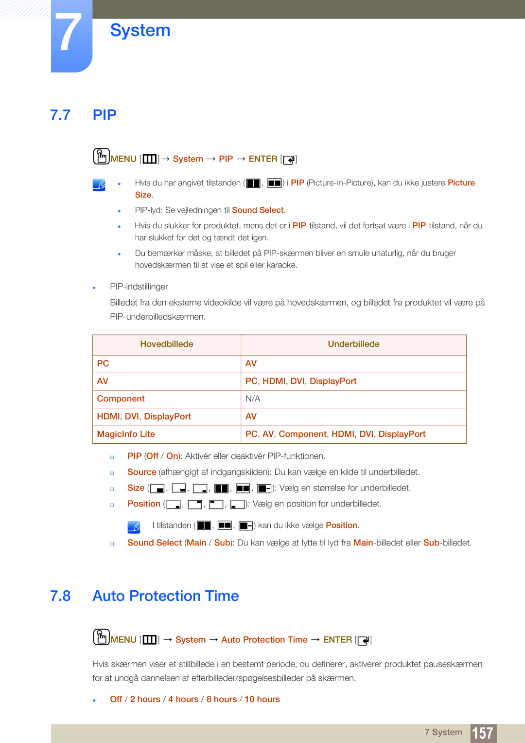 Samsung LH46PECPLBC/EN, LH40PECPLBC/EN, LH55PECPLBC/EN, LH46DECPLBC/EN, LH40DECPLBC/EN manual Pip, Auto Protection Time 