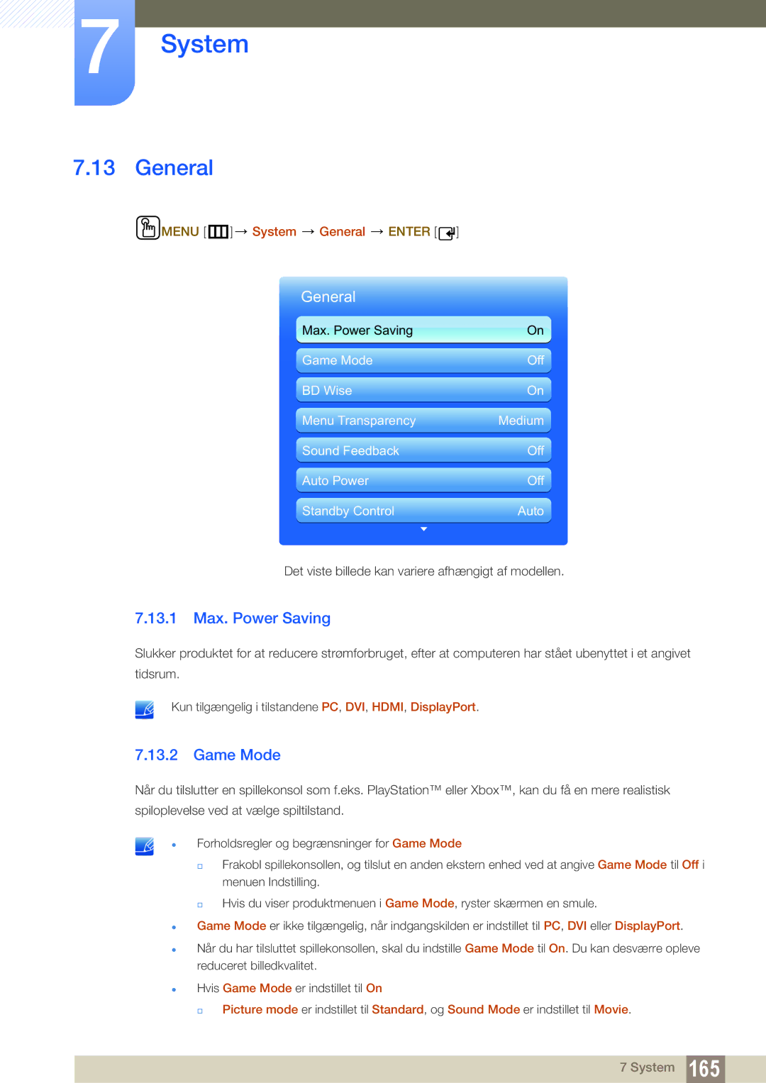 Samsung LH40PECPLBC/EN, LH55PECPLBC/EN, LH46PECPLBC/EN 13.1 Max. Power Saving, Game Mode, Menu m System General Enter 