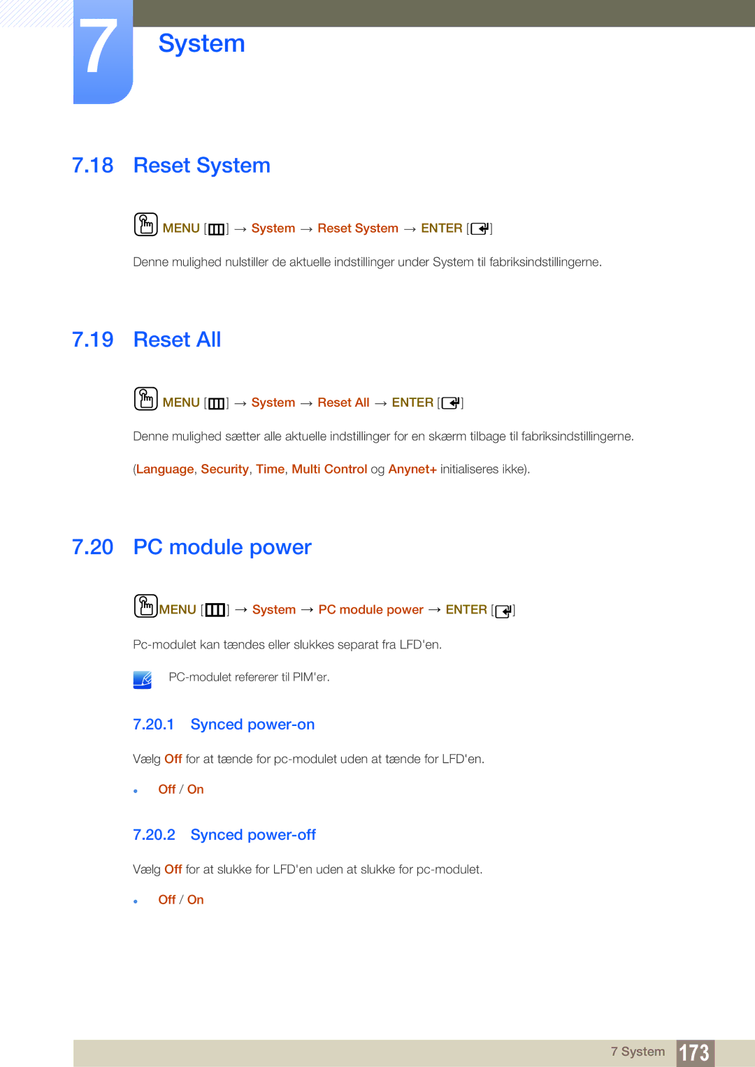 Samsung LH46DECPLBC/EN, LH40PECPLBC/EN manual Reset System, Reset All, PC module power, Synced power-on, Synced power-off 