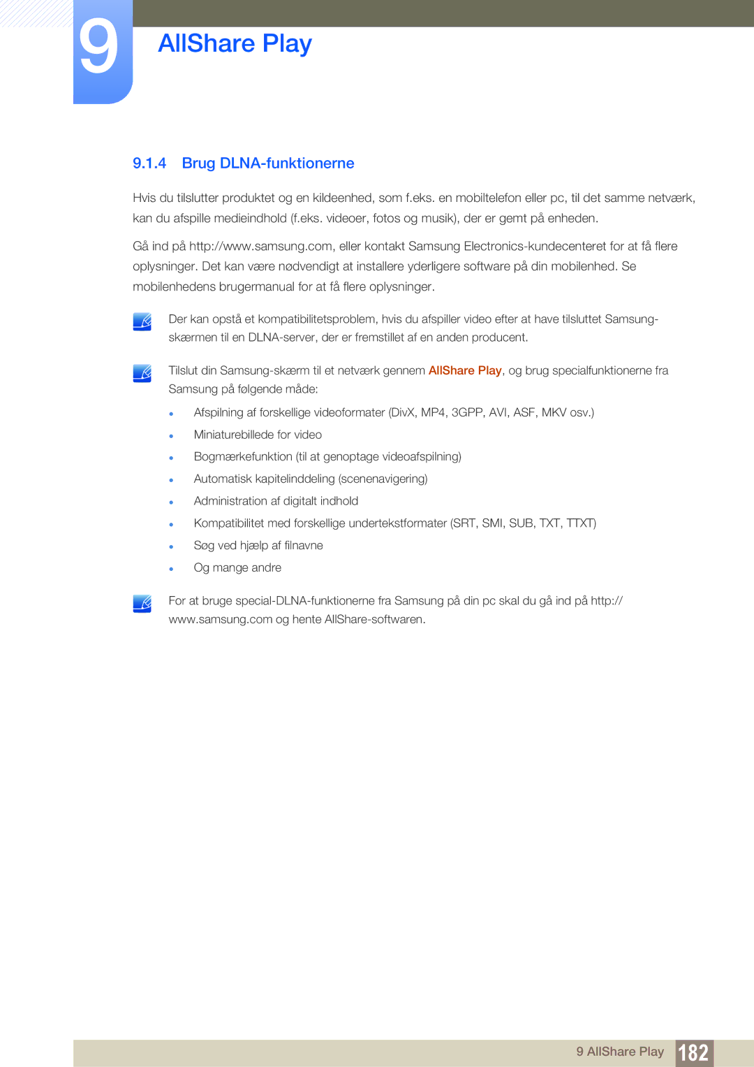 Samsung LH46PECPLBC/EN, LH40PECPLBC/EN, LH55PECPLBC/EN, LH46DECPLBC/EN, LH40DECPLBC/EN manual Brug DLNA-funktionerne 