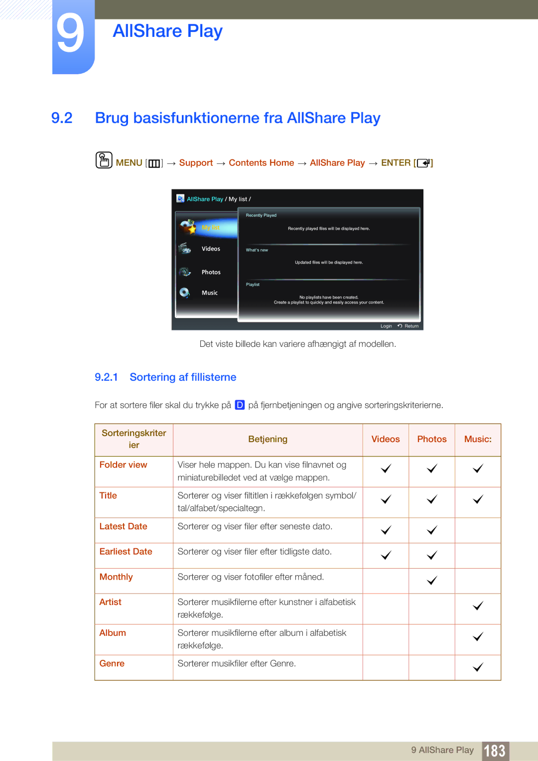 Samsung LH46DECPLBC/EN, LH40PECPLBC/EN, LH55PECPLBC/EN Brug basisfunktionerne fra AllShare Play, Sortering af fillisterne 