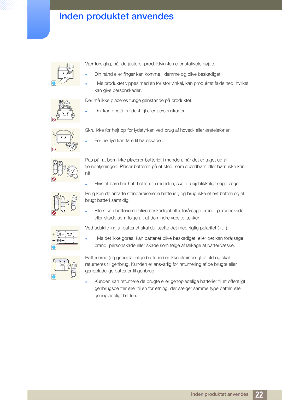 Samsung LH46PECPLBC/EN, LH40PECPLBC/EN, LH55PECPLBC/EN, LH46DECPLBC/EN, LH40DECPLBC/EN manual Inden produktet anvendes 