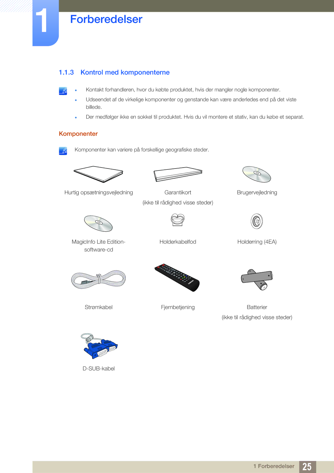 Samsung LH40PECPLBC/EN, LH55PECPLBC/EN, LH46PECPLBC/EN, LH46DECPLBC/EN, LH40DECPLBC/EN Kontrol med komponenterne, Komponenter 