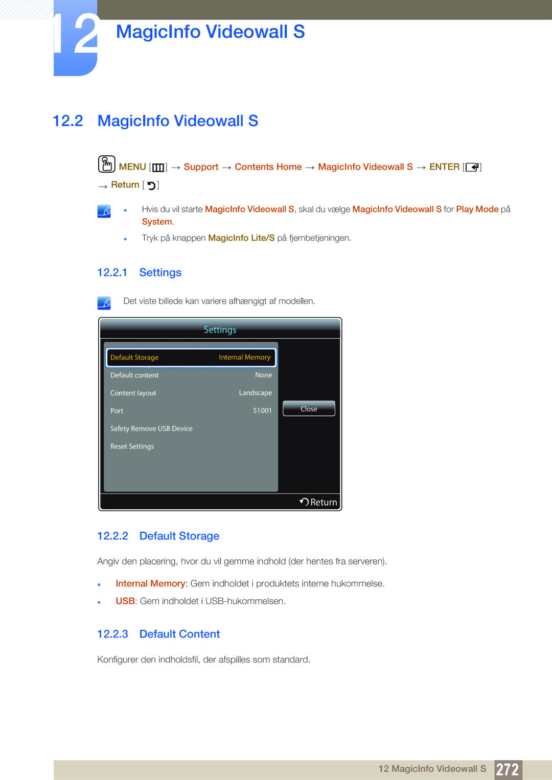 Samsung LH46PECPLBC/EN, LH40PECPLBC/EN, LH55PECPLBC/EN manual MagicInfo Videowall S, Settings, Default Storage, Return 