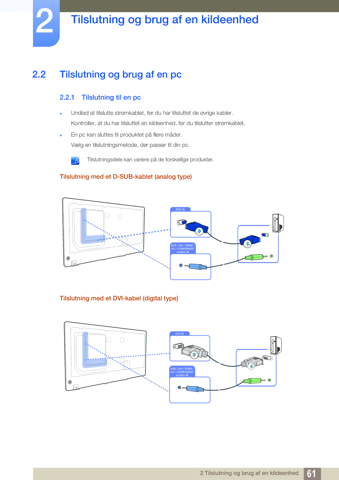 Samsung LH55PECPLBC/EN Tilslutning og brug af en pc, Tilslutning til en pc, Tilslutning med et D-SUB-kablet analog type 