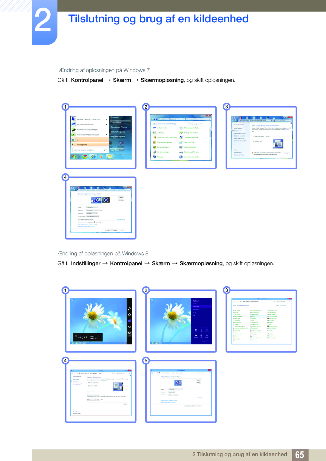 Samsung LH40PECPLBC/EN, LH55PECPLBC/EN, LH46PECPLBC/EN, LH46DECPLBC/EN, LH40DECPLBC/EN manual Ændring af opløsningen på Windows 