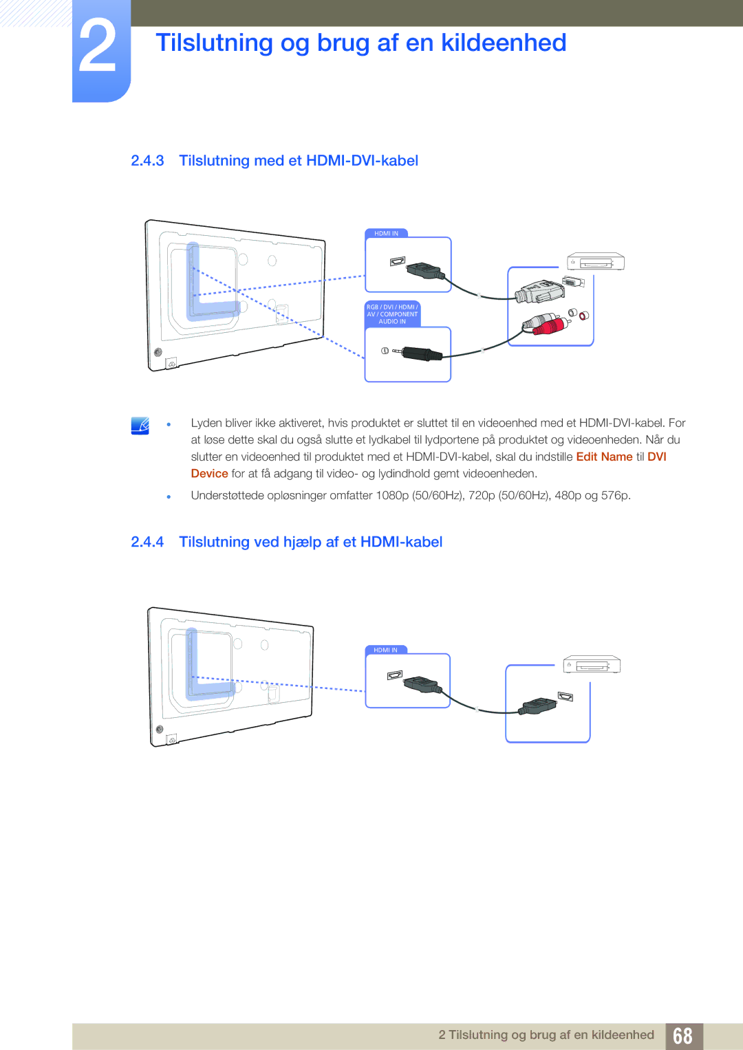 Samsung LH46DECPLBC/EN, LH40PECPLBC/EN manual Tilslutning med et HDMI-DVI-kabel, Tilslutning ved hjælp af et HDMI-kabel 