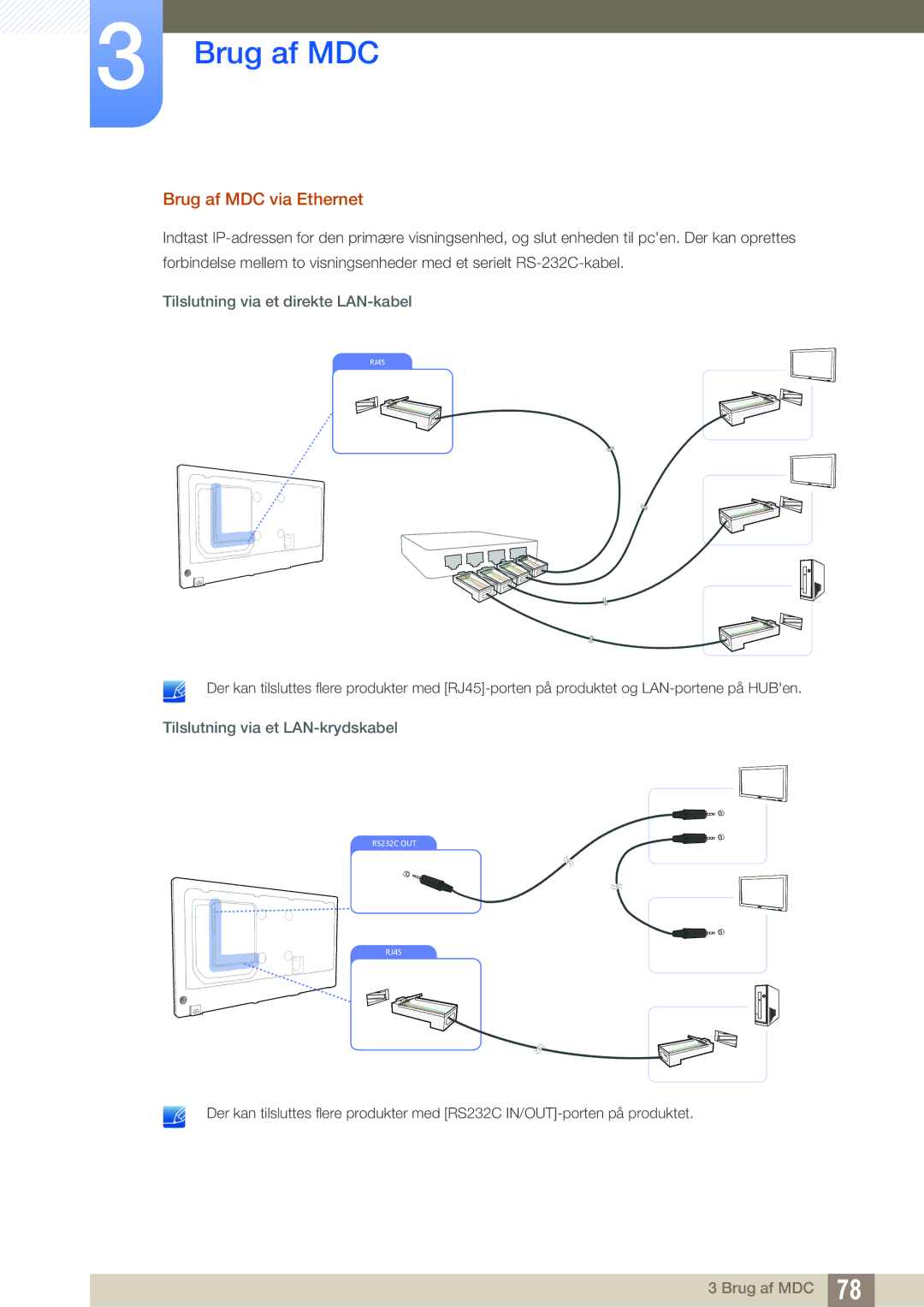 Samsung LH46DECPLBC/EN Brug af MDC via Ethernet, Tilslutning via et direkte LAN-kabel, Tilslutning via et LAN-krydskabel 