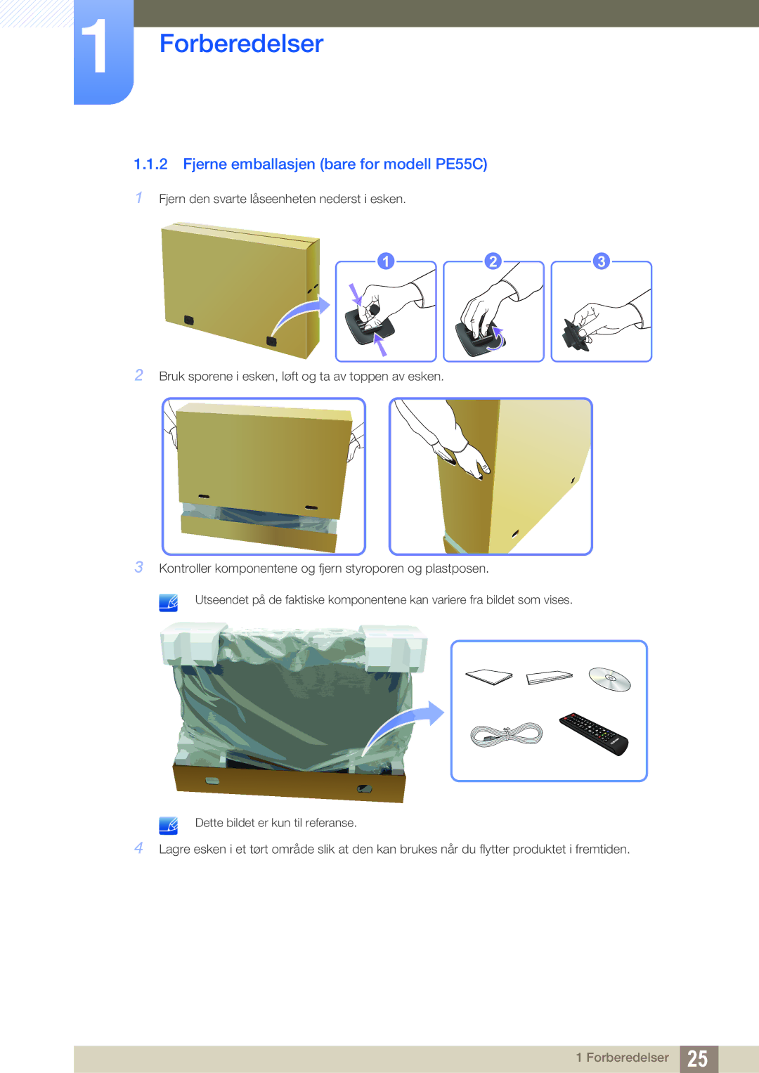 Samsung LH40PECPLBC/EN, LH55PECPLBC/EN, LH46PECPLBC/EN, LH46DECPLBC/EN manual Fjerne emballasjen bare for modell PE55C 