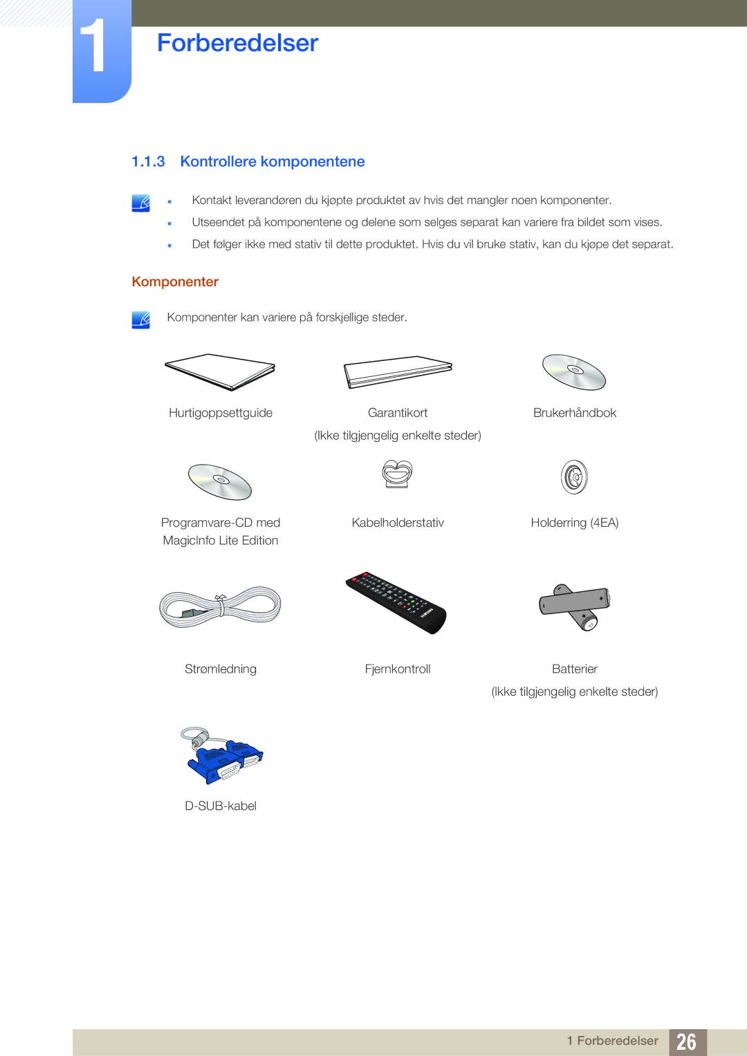 Samsung LH55PECPLBC/EN, LH40PECPLBC/EN, LH46PECPLBC/EN, LH46DECPLBC/EN, LH40DECPLBC/EN Kontrollere komponentene, Komponenter 