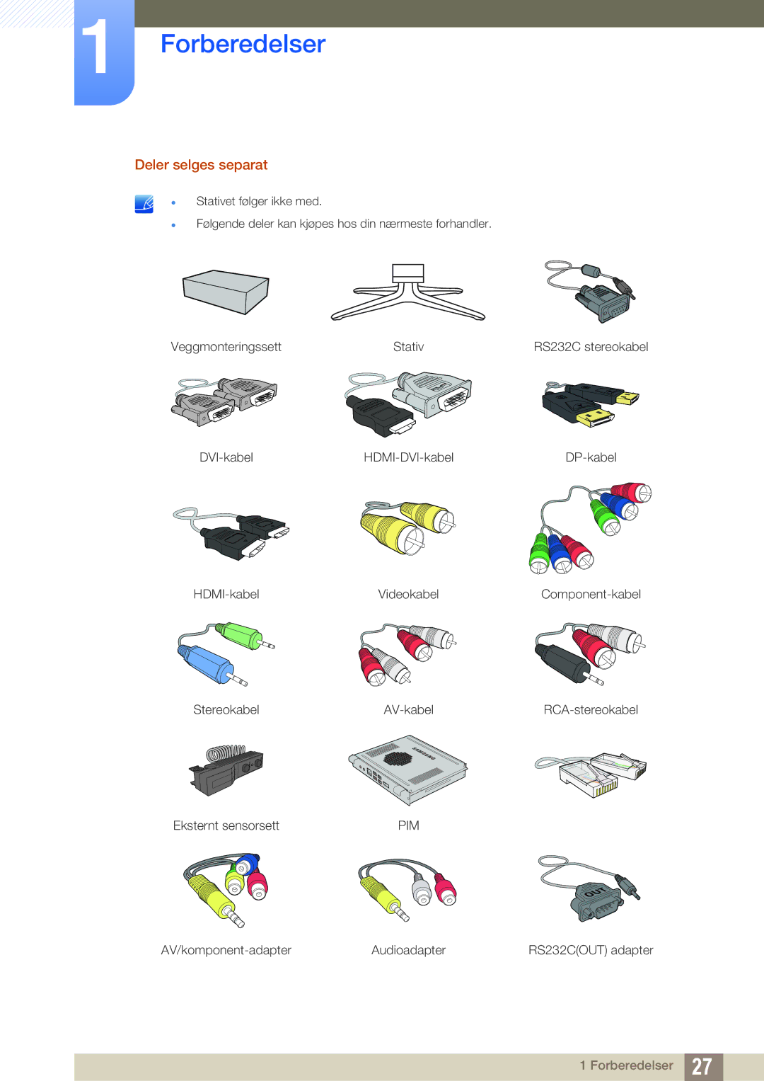 Samsung LH46PECPLBC/EN, LH40PECPLBC/EN, LH55PECPLBC/EN, LH46DECPLBC/EN, LH40DECPLBC/EN manual Deler selges separat 