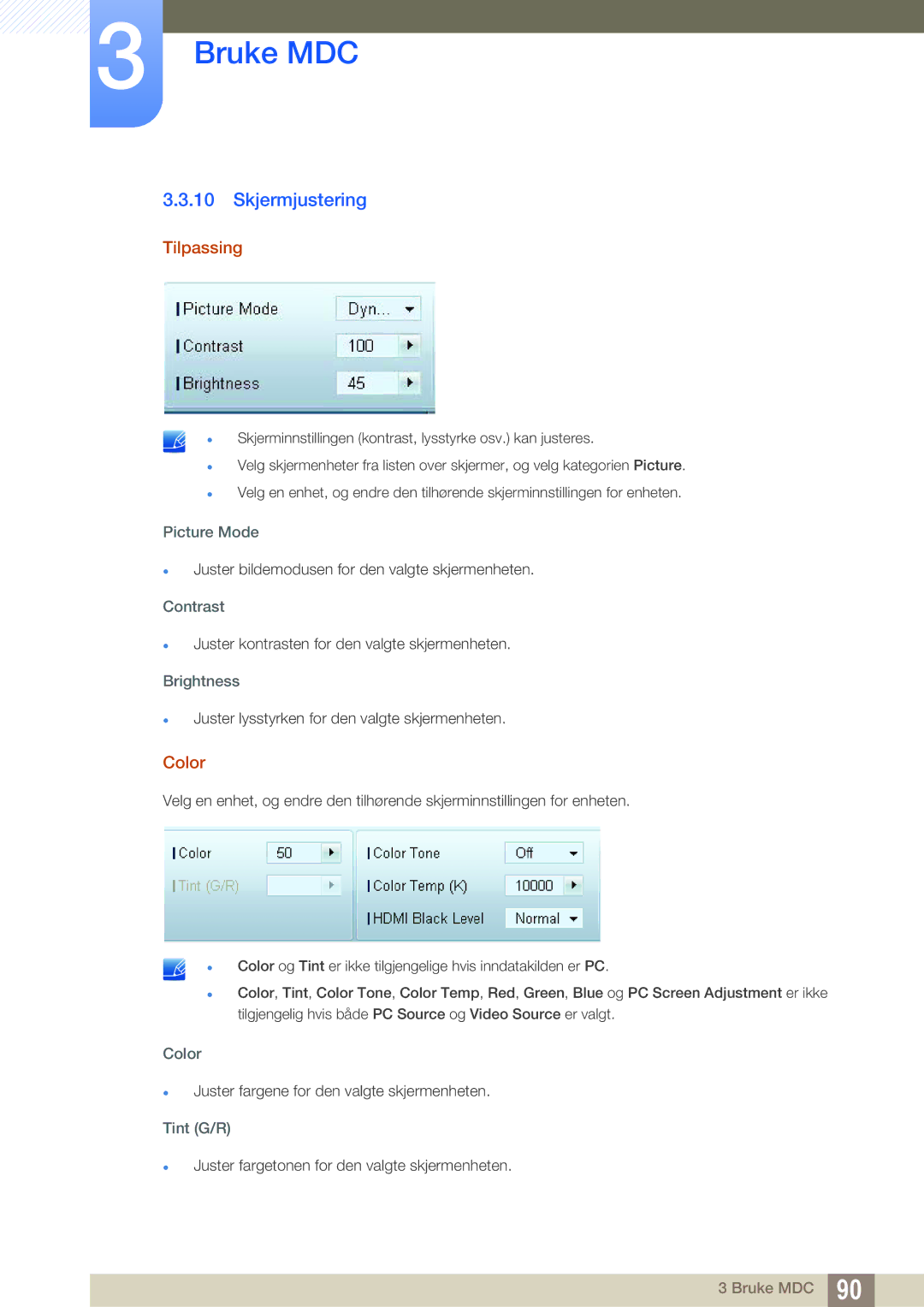 Samsung LH40PECPLBC/EN, LH55PECPLBC/EN, LH46PECPLBC/EN, LH46DECPLBC/EN, LH40DECPLBC/EN Skjermjustering, Tilpassing, Color 