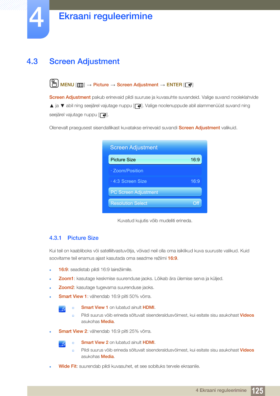 Samsung LH40PECPLBC/EN, LH55PECPLBC/EN, LH46PECPLBC/EN manual Picture Size, Menu m Picture Screen Adjustment Enter 