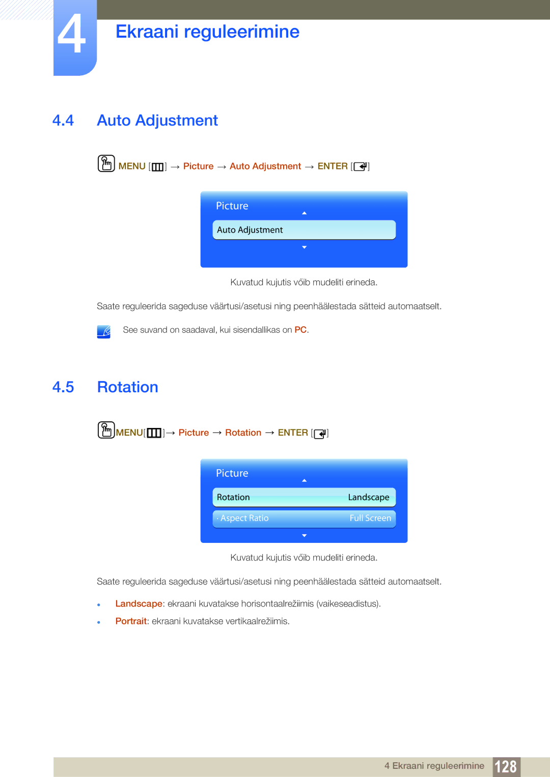 Samsung LH46DECPLBC/EN, LH40PECPLBC/EN manual Menu m Picture Auto Adjustment Enter, MENUm Picture Rotation Enter 