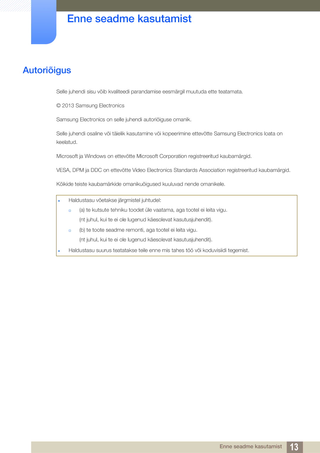 Samsung LH46DECPLBC/EN, LH40PECPLBC/EN, LH55PECPLBC/EN, LH46PECPLBC/EN, LH40DECPLBC/EN Enne seadme kasutamist, Autoriõigus 