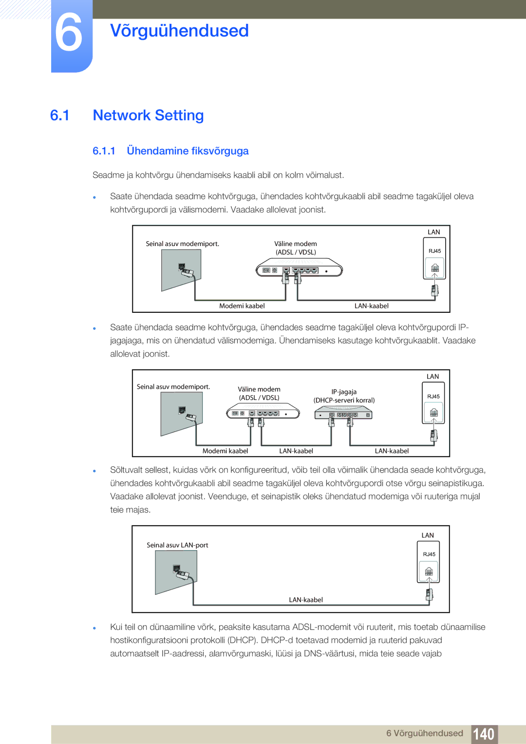 Samsung LH40PECPLBC/EN, LH55PECPLBC/EN, LH46PECPLBC/EN, LH46DECPLBC/EN manual Network Setting, 1 Ühendamine fiksvõrguga 