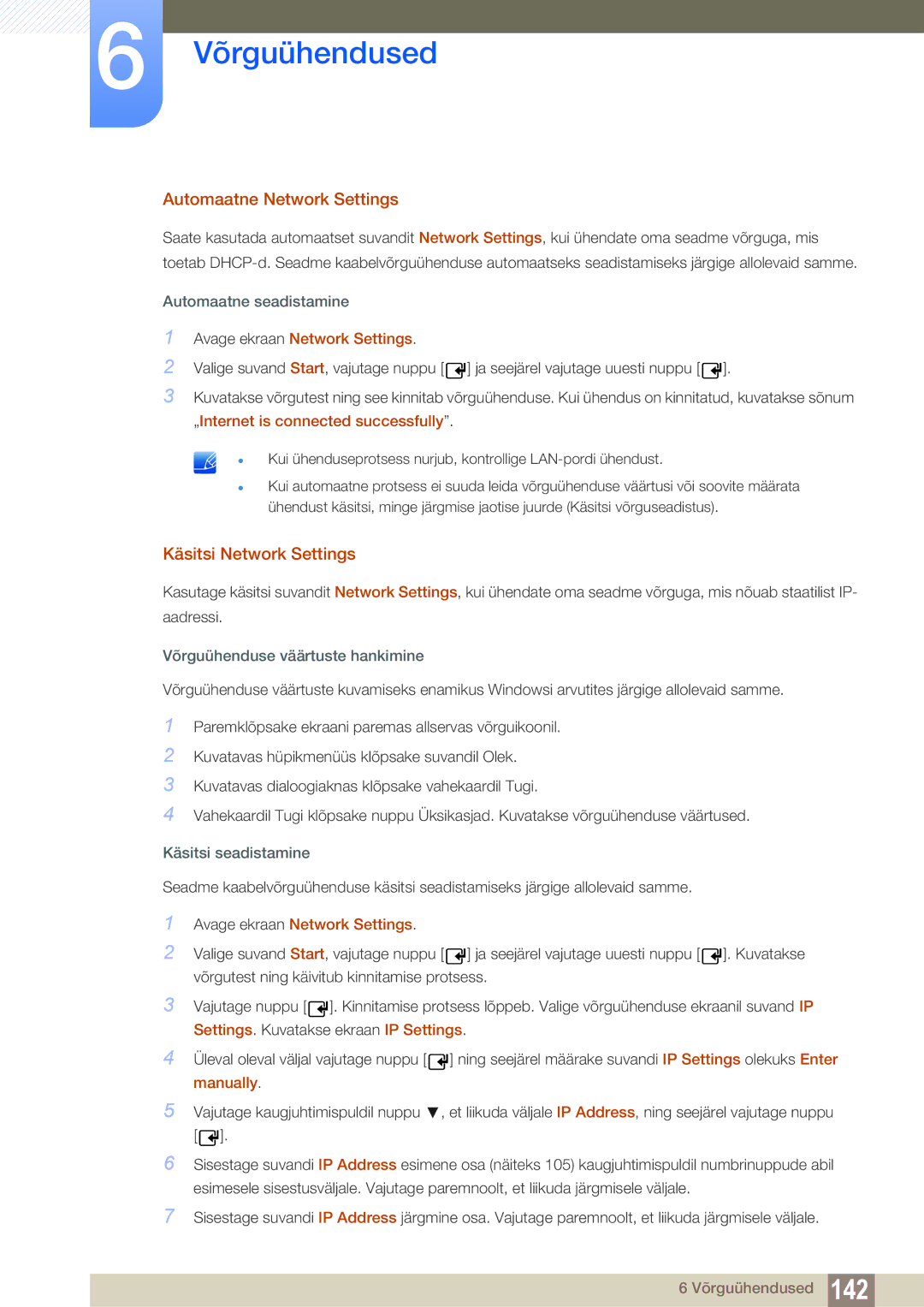 Samsung LH46PECPLBC/EN manual Automaatne Network Settings, Käsitsi Network Settings, Avage ekraan Network Settings 