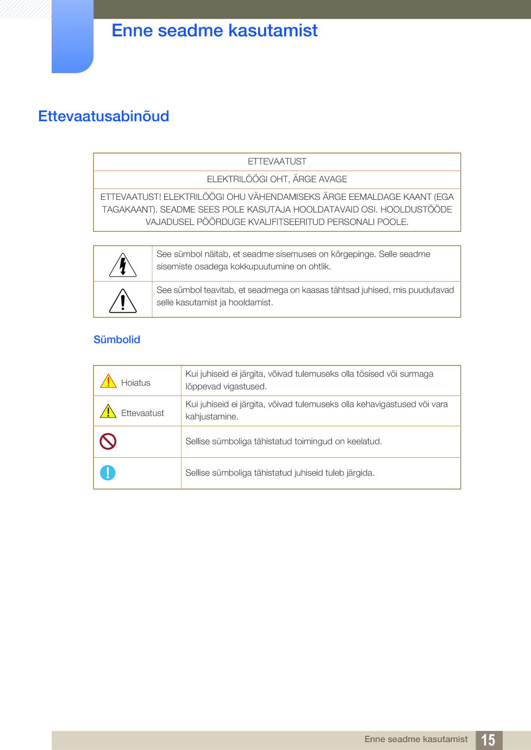 Samsung LH40PECPLBC/EN, LH55PECPLBC/EN, LH46PECPLBC/EN, LH46DECPLBC/EN, LH40DECPLBC/EN manual Ettevaatusabinõud, Sümbolid 