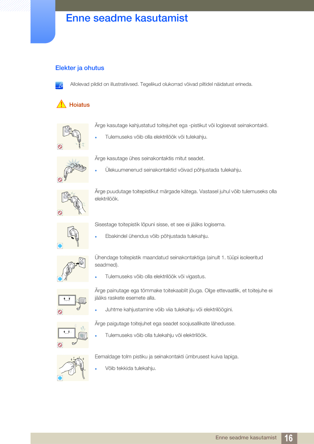 Samsung LH55PECPLBC/EN, LH40PECPLBC/EN, LH46PECPLBC/EN, LH46DECPLBC/EN, LH40DECPLBC/EN manual Elekter ja ohutus, Hoiatus 