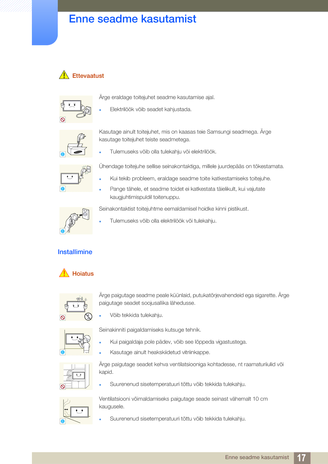 Samsung LH46PECPLBC/EN, LH40PECPLBC/EN, LH55PECPLBC/EN, LH46DECPLBC/EN, LH40DECPLBC/EN manual Installimine, Ettevaatust 