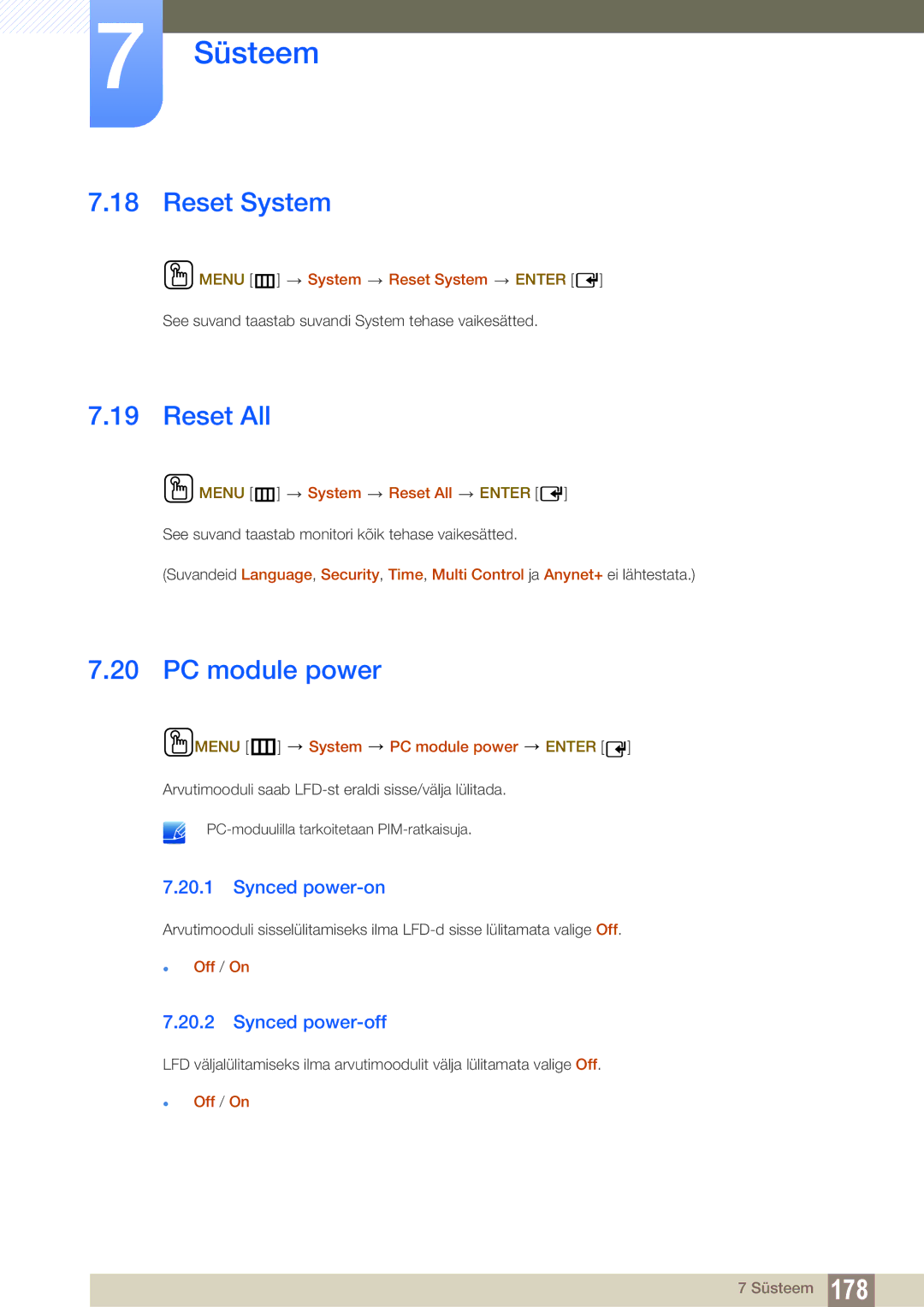 Samsung LH46DECPLBC/EN, LH40PECPLBC/EN manual Reset System, Reset All, PC module power, Synced power-on, Synced power-off 