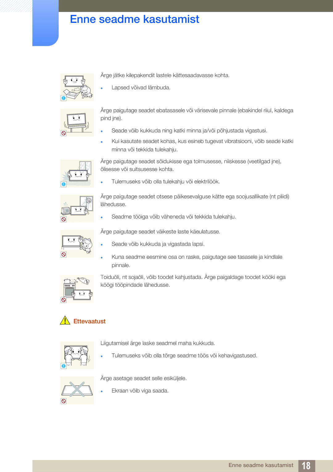 Samsung LH46DECPLBC/EN, LH40PECPLBC/EN, LH55PECPLBC/EN, LH46PECPLBC/EN, LH40DECPLBC/EN manual Enne seadme kasutamist 