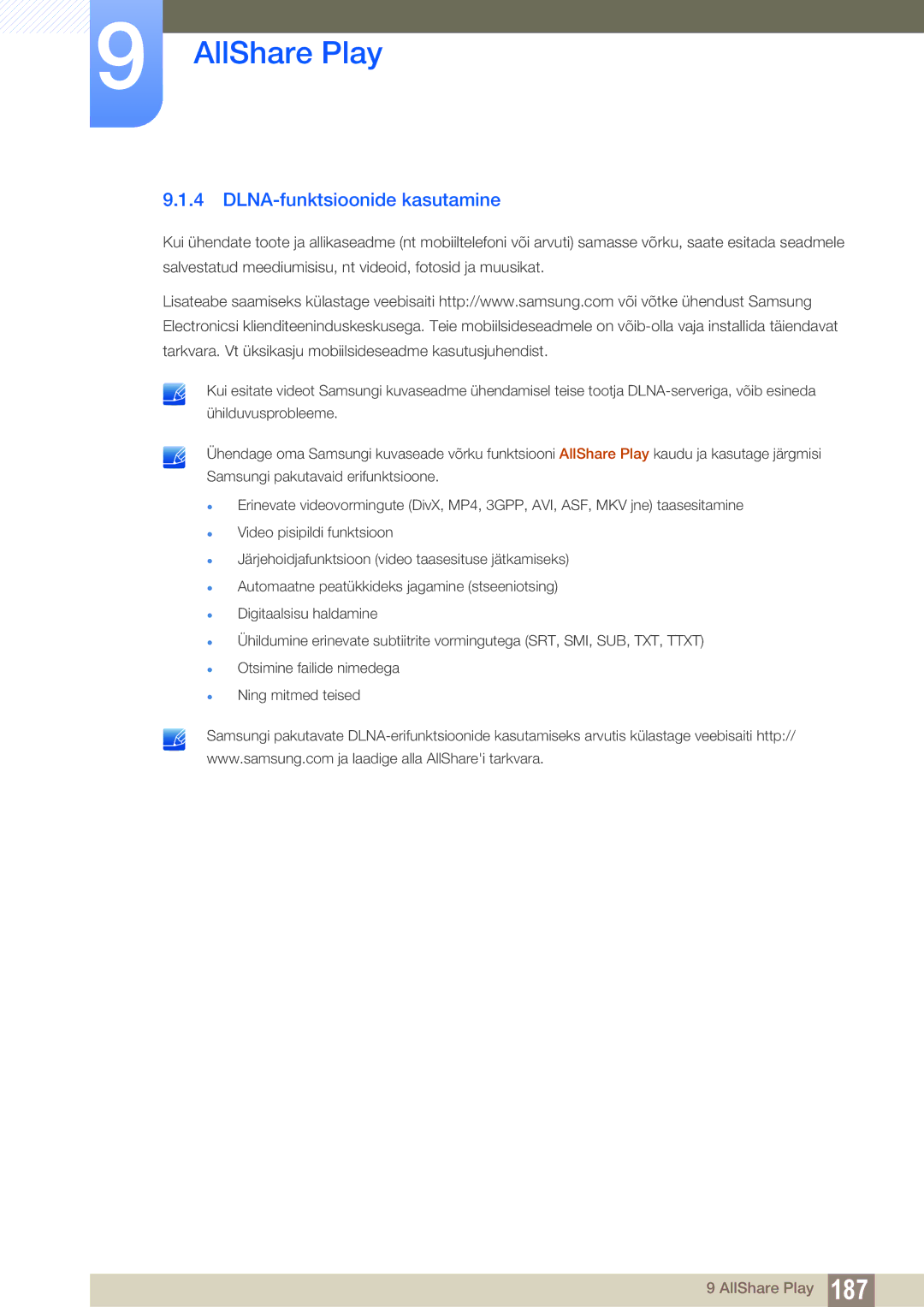 Samsung LH46PECPLBC/EN, LH40PECPLBC/EN, LH55PECPLBC/EN, LH46DECPLBC/EN, LH40DECPLBC/EN manual DLNA-funktsioonide kasutamine 