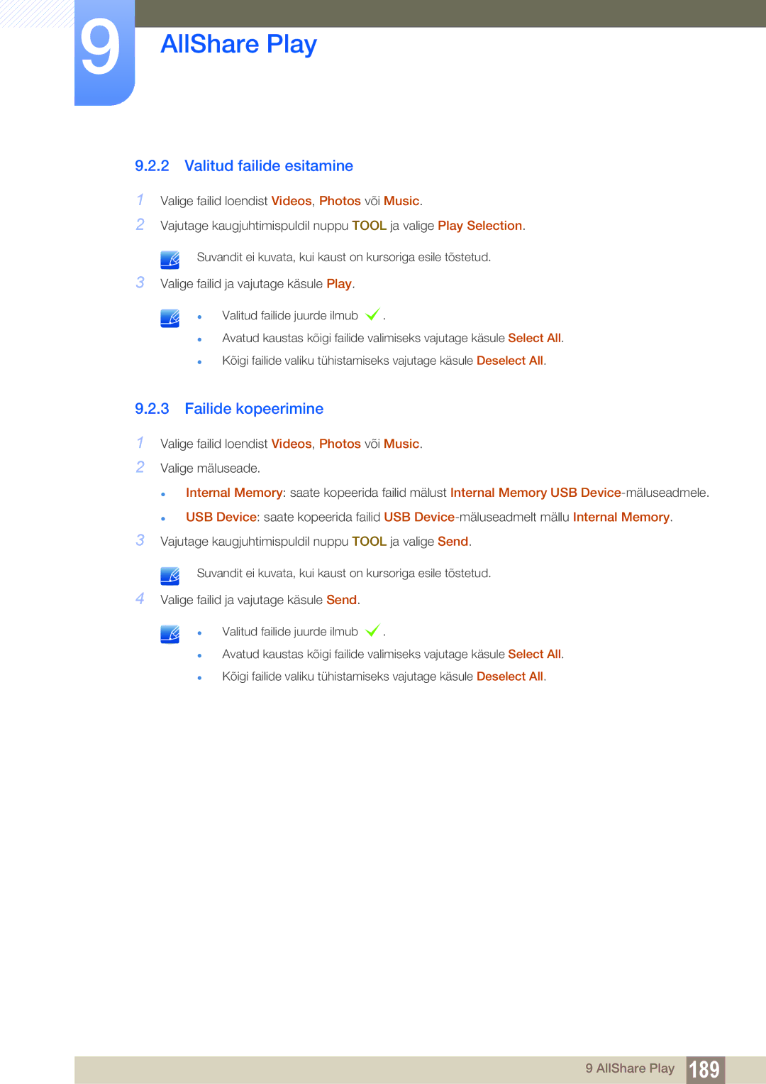 Samsung LH40DECPLBC/EN, LH40PECPLBC/EN, LH55PECPLBC/EN, LH46PECPLBC/EN manual Valitud failide esitamine, Failide kopeerimine 