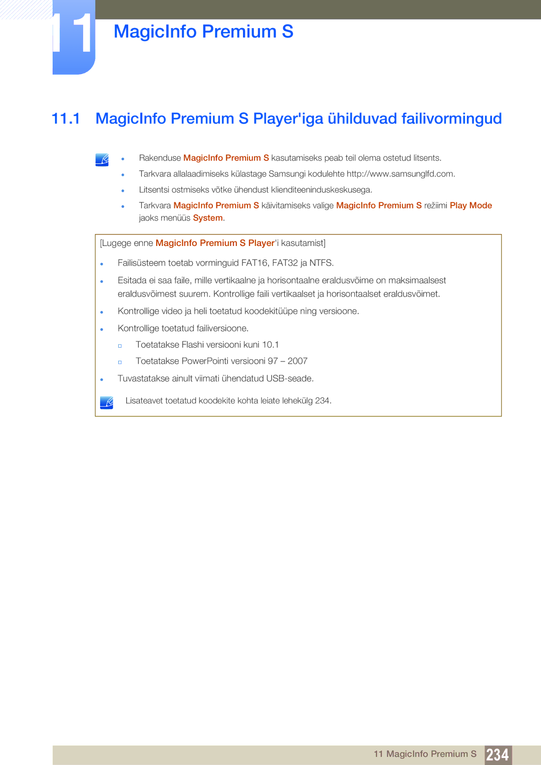 Samsung LH40DECPLBC/EN, LH40PECPLBC/EN, LH55PECPLBC/EN manual MagicInfo Premium S Playeriga ühilduvad failivormingud 