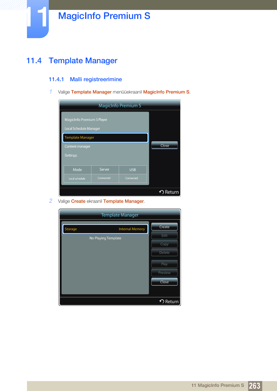 Samsung LH46DECPLBC/EN manual Malli registreerimine, Valige Template Manager menüüekraanil MagicInfo Premium S 