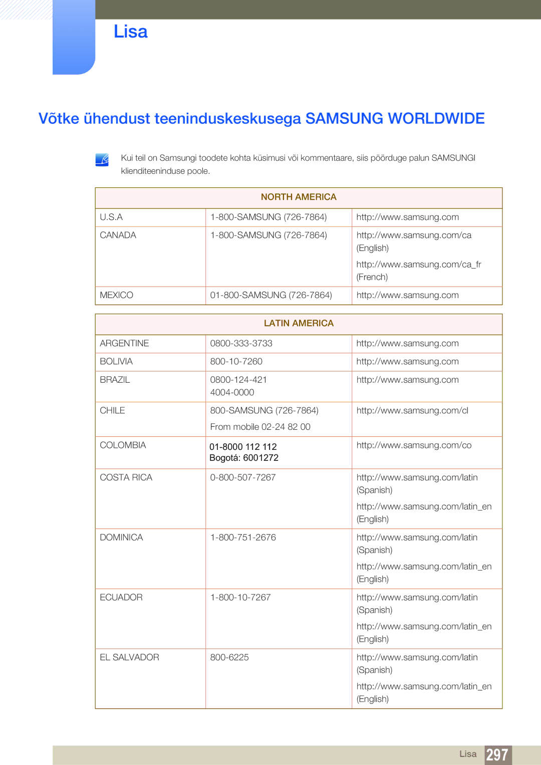 Samsung LH46PECPLBC/EN, LH40PECPLBC/EN, LH55PECPLBC/EN manual Lisa, Võtke ühendust teeninduskeskusega Samsung Worldwide 