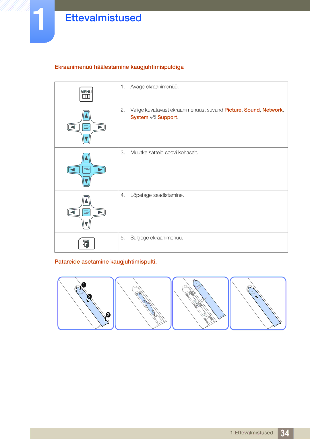 Samsung LH40DECPLBC/EN manual Ekraanimenüü häälestamine kaugjuhtimispuldiga, Patareide asetamine kaugjuhtimispulti 