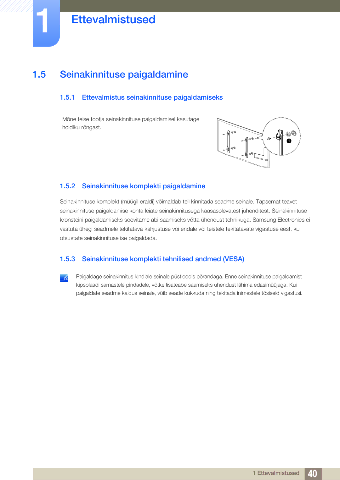 Samsung LH40PECPLBC/EN, LH55PECPLBC/EN manual Seinakinnituse paigaldamine, Ettevalmistus seinakinnituse paigaldamiseks 