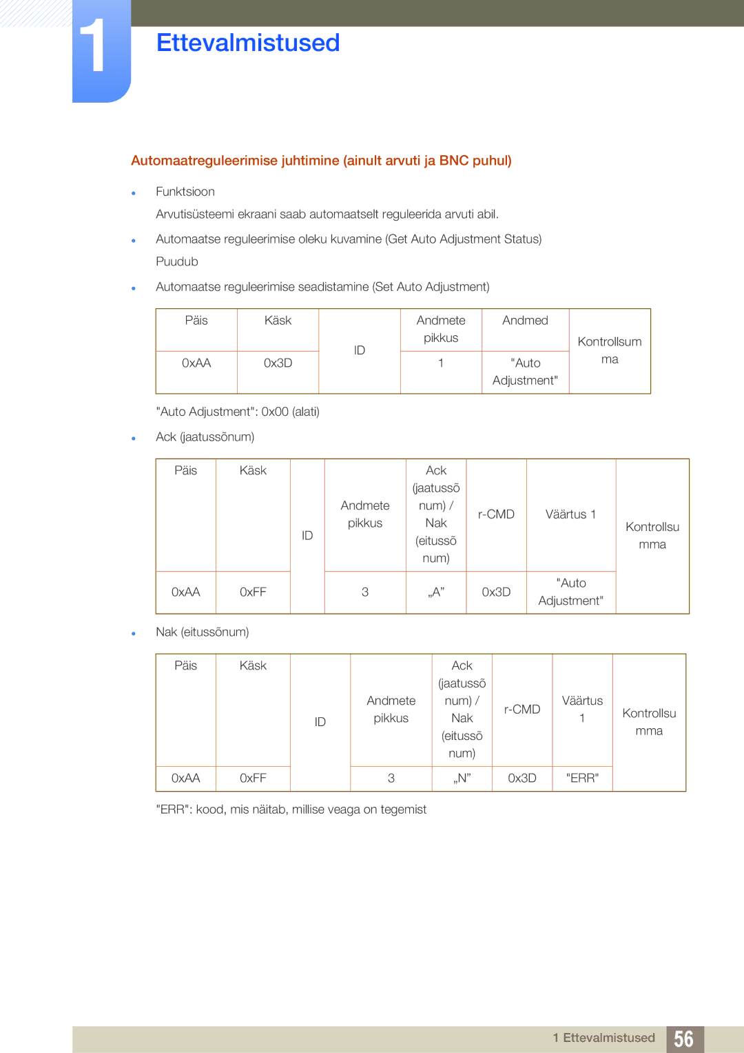 Samsung LH55PECPLBC/EN, LH40PECPLBC/EN, LH46PECPLBC/EN manual Automaatreguleerimise juhtimine ainult arvuti ja BNC puhul 