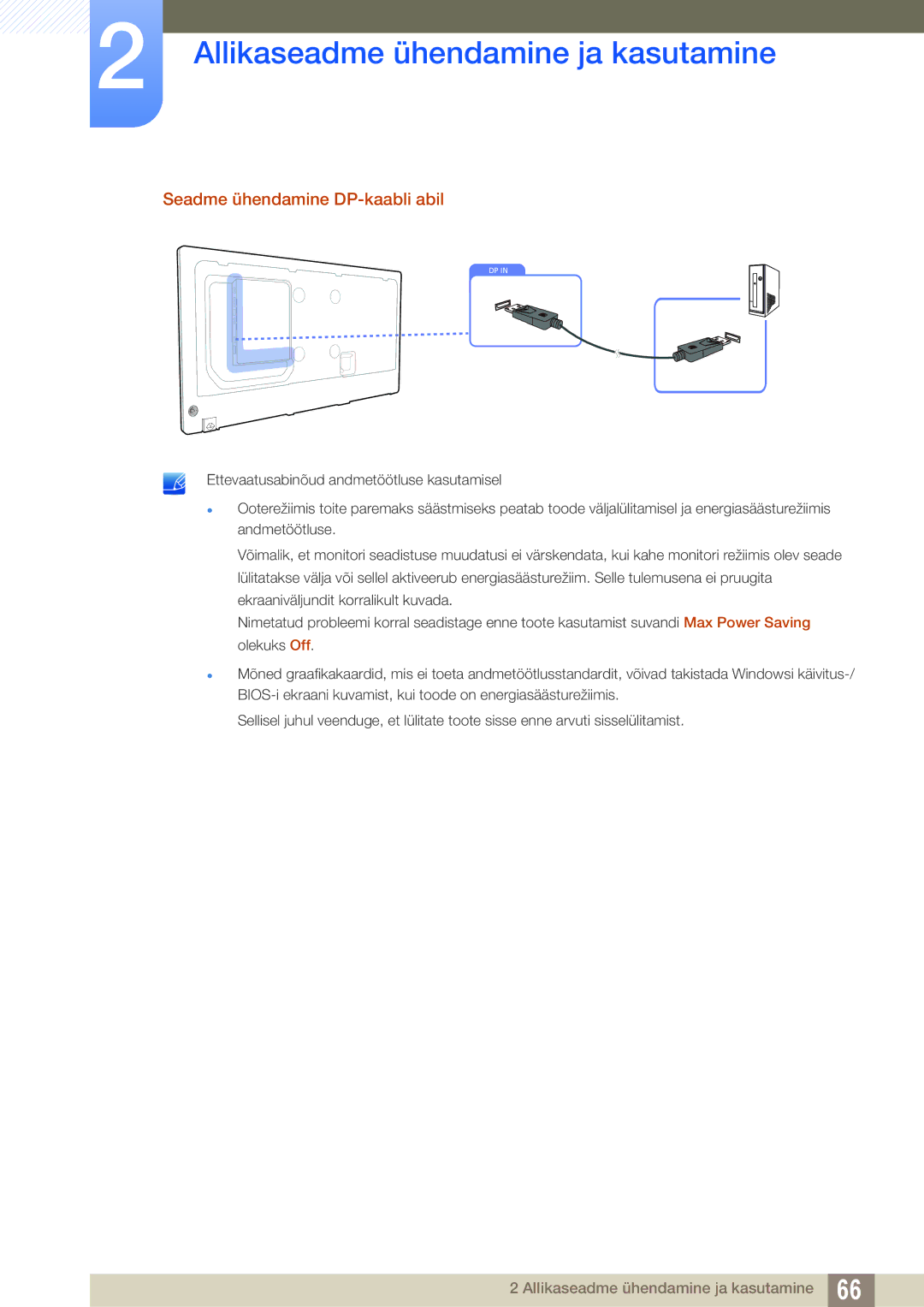 Samsung LH55PECPLBC/EN, LH40PECPLBC/EN, LH46PECPLBC/EN, LH46DECPLBC/EN, LH40DECPLBC/EN manual Seadme ühendamine DP-kaabli abil 