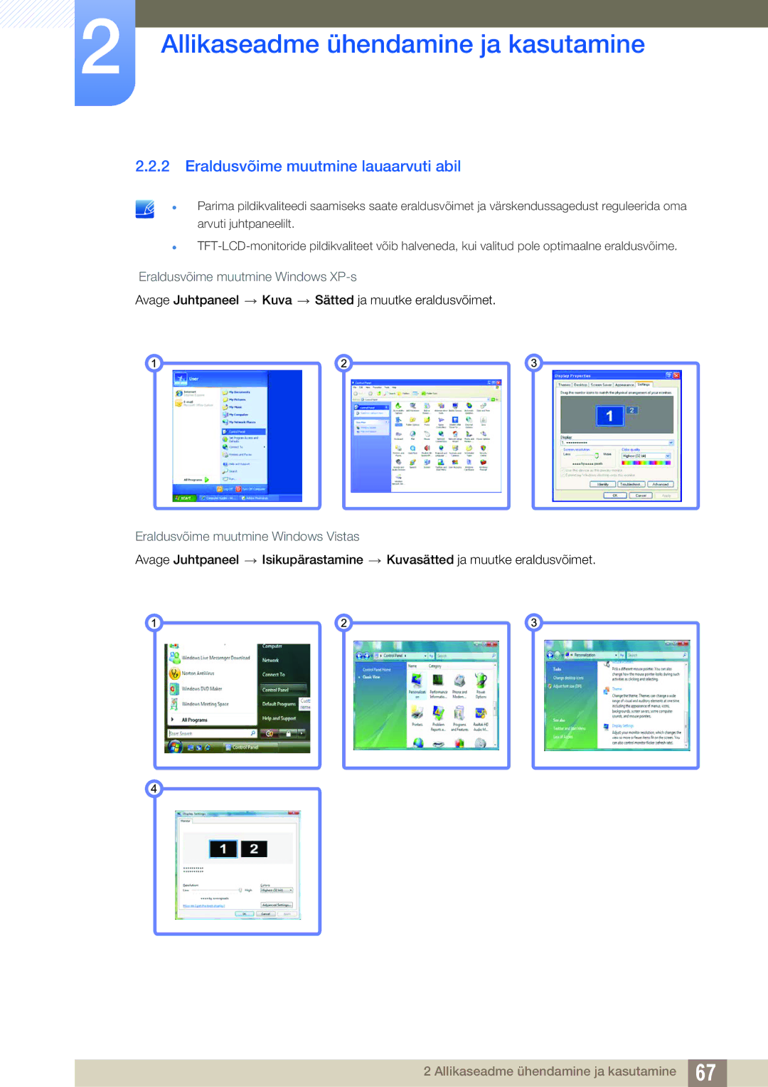 Samsung LH46PECPLBC/EN, LH40PECPLBC/EN manual Eraldusvõime muutmine lauaarvuti abil, Eraldusvõime muutmine Windows XP-s 